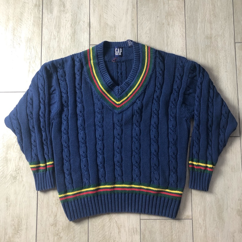 GAP V-Neck Sweater Ribbed Navy Striped Red Green